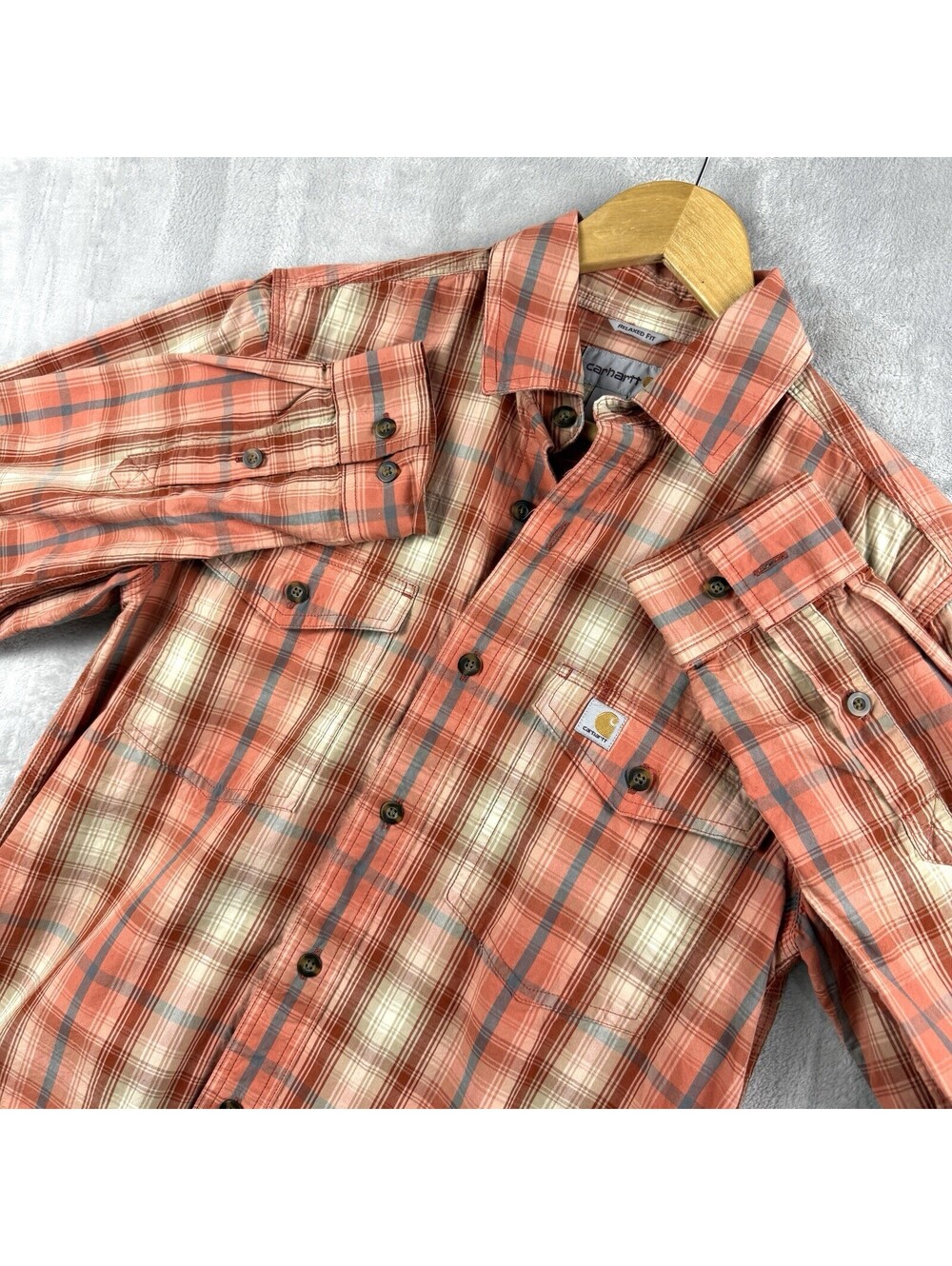 Carhartt Mens S Relaxed Fit Plaid Button Up Shirt Orange Long Sleeve Workwear